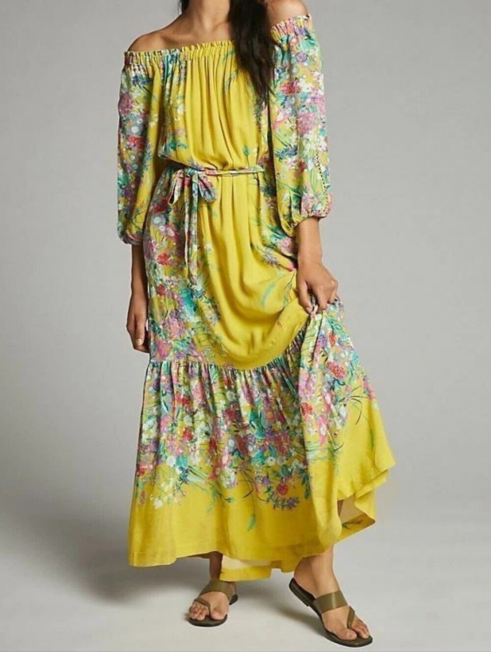 Anthropologie Yellow Floral Maxi Dress Eliora-Off Shoulders..Size:M